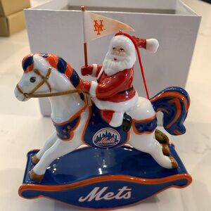 Met's 2007 Danbury Mint Rocking Horse Ornament Glass Baseball Santa 4” w/ box.